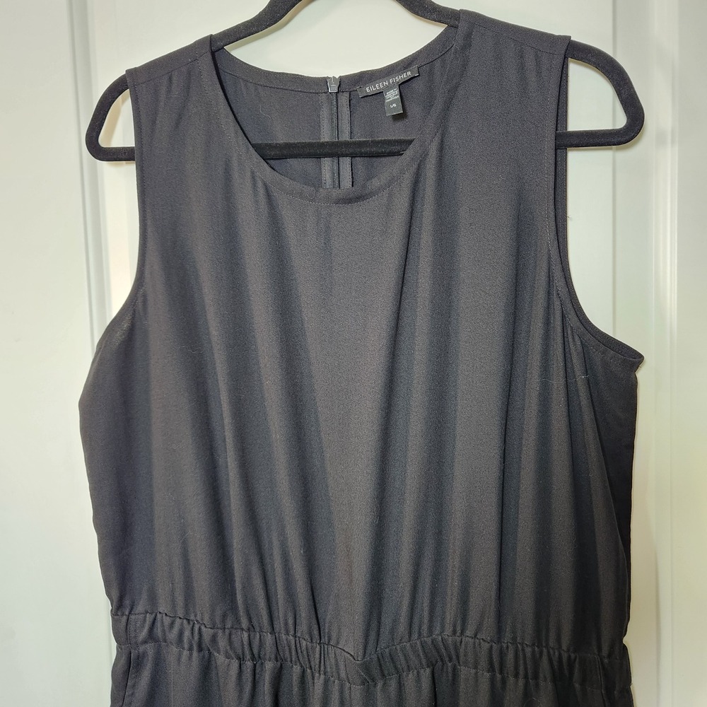 Eileen Fisher Jumpsuit Women L Black Sleeveless Elastic Waist Pockets Wide Leg - Picture 12 of 15